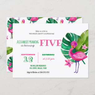 Watercolor Pink Flamingo Tropical Birthday Invitation