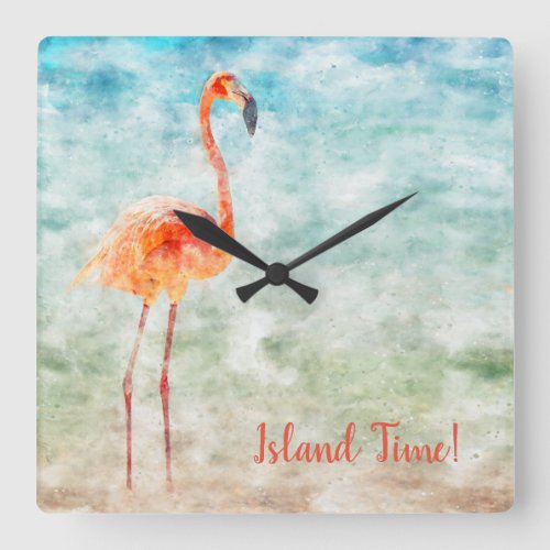 Watercolor Pink Flamingo  Tropical Island Time Square Wall Clock