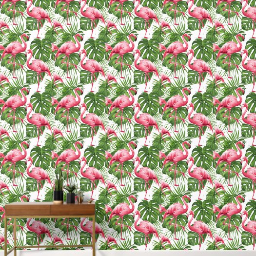 Watercolor Pink Flamingo Tropical Leaves Pattern