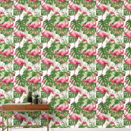 Watercolor Pink Flamingo Tropical Leaves Pattern Wallpaper