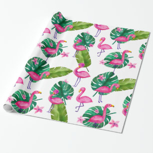 Watercolor Pink Flamingo Tropical Leaves Pattern Wrapping Paper