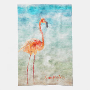 Watercolor Pink Flamingo Tropical Shore Bird Kitchen Towel