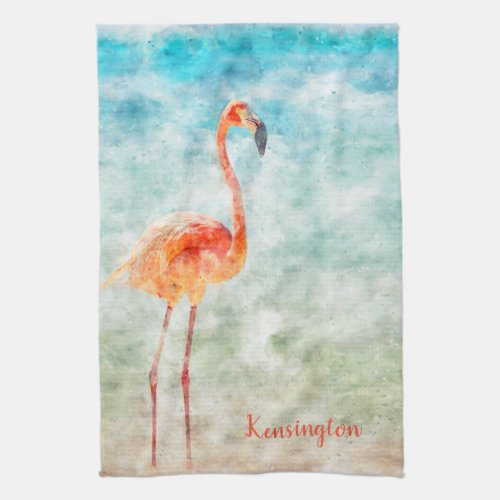 Watercolor Pink Flamingo  Tropical Shore Bird Kitchen Towel