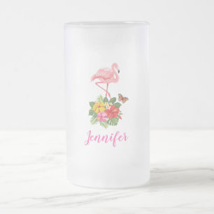 Watercolor Pink Flamingo with Hibiscus Flowers Frosted Glass Beer Mug