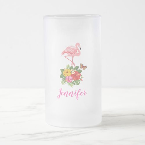 Watercolor Pink Flamingo with Hibiscus Flowers Frosted Glass Beer Mug