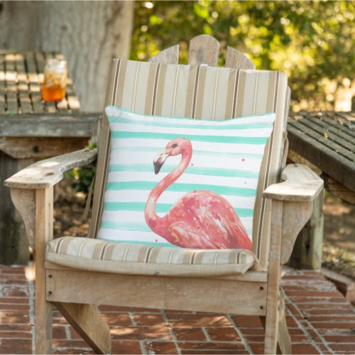 Watercolor Pink Flamingo with Teal Stripes Outdoor Pillow