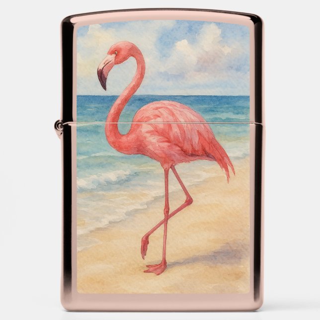 Watercolor Pink Flamingo Zippo Lighter (Front)