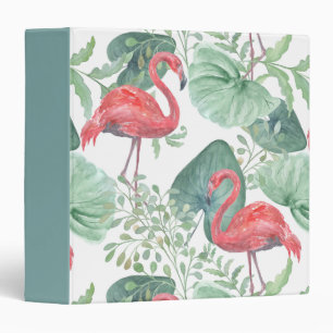 Watercolor Pink flamingos and leaves. 3 Ring Binder