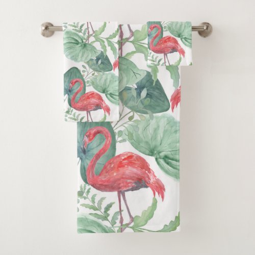 Watercolor Pink flamingos and leaves Bath Towel Set