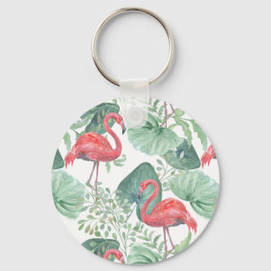 Watercolor Pink flamingos and leaves. Keychain