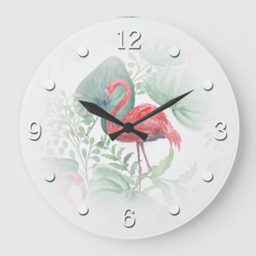 Watercolor Pink flamingos and leaves Large Clock