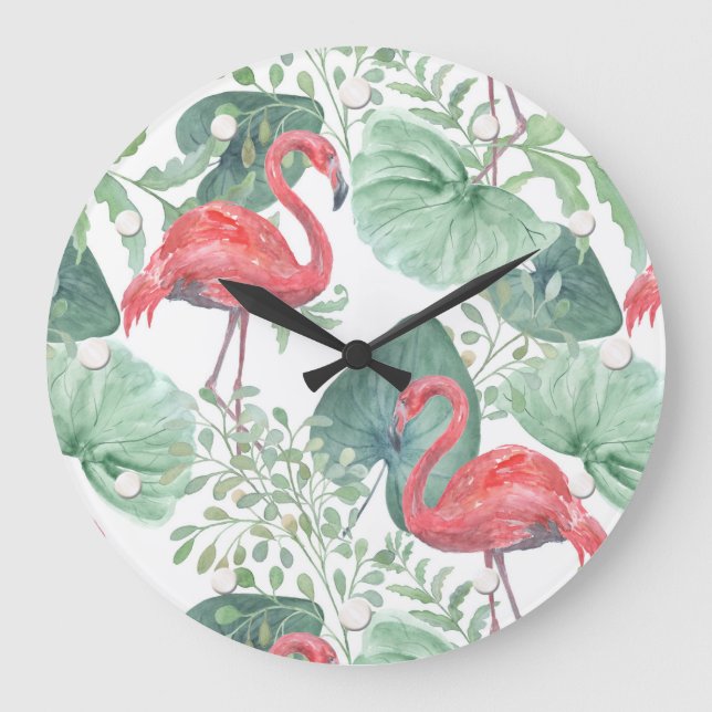 Watercolor Pink flamingos and leaves. Large Clock (Front)