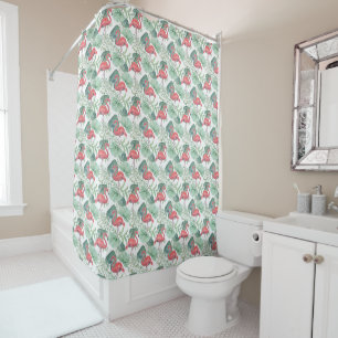 Watercolor Pink flamingos and leaves. Shower Curtain