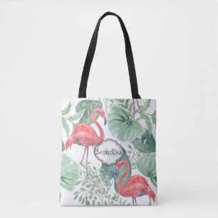 Watercolor Pink flamingos and leaves. Tote Bag