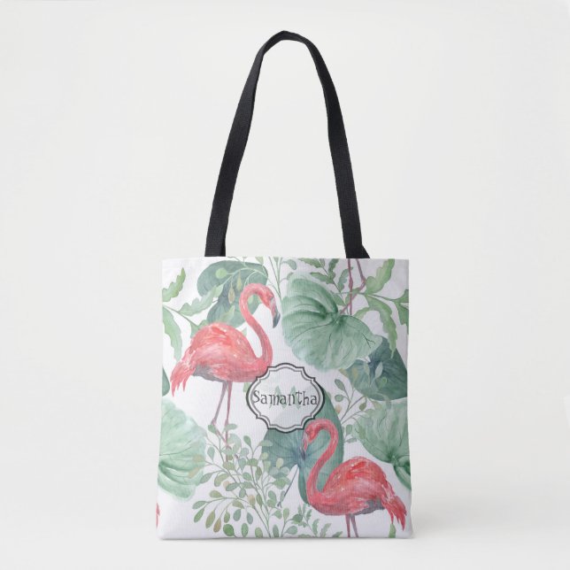 Watercolor Pink flamingos and leaves. Tote Bag (Front)