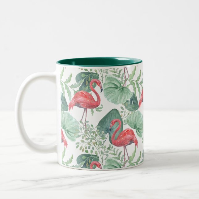 Watercolor Pink flamingos and leaves. Two-Tone Coffee Mug (Left)