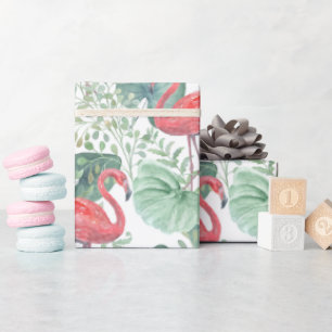 Watercolor Pink flamingos and leaves Wrapping Paper
