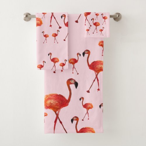 Watercolor Pink Flamingos Bathroom Towel Set