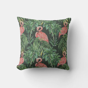 Watercolor pink flamingos, exotic birds, tropical  throw pillow