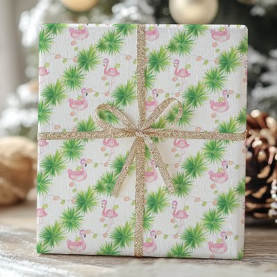 Watercolor Pink Flamingos &amp; Garland Christmas Wrapping Paper