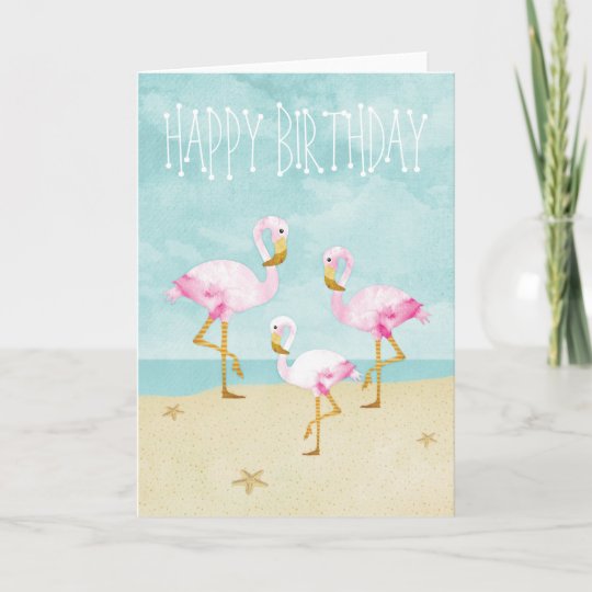 Watercolor Pink Flamingos on the Beach Card | Zazzle.com