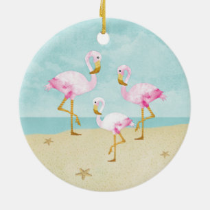 Watercolor Pink Flamingos on the Beach Ceramic Ornament