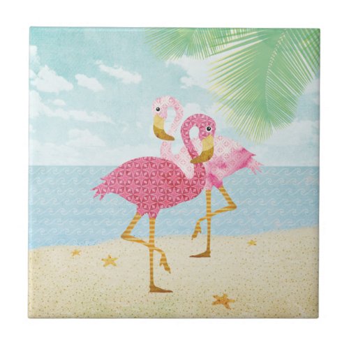 Watercolor Pink Flamingos on the Beach Ceramic Tile