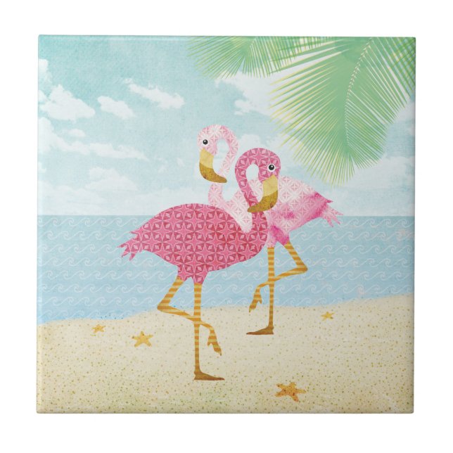 Watercolor Pink Flamingos on the Beach Ceramic Tile (Front)