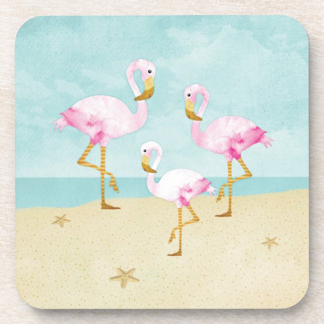 Watercolor Pink Flamingos on the Beach Coaster (Front)