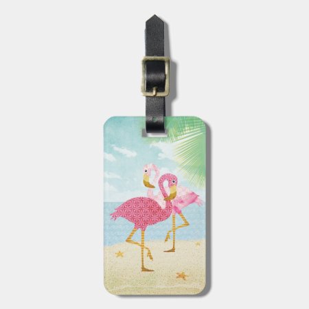 Watercolor Pink Flamingos On The Beach Luggage Tag