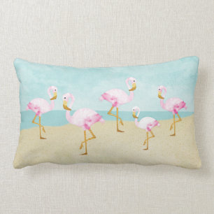 Watercolor Pink Flamingos on the Beach Lumbar Pillow