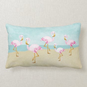Watercolor Pink Flamingos On The Beach Lumbar Pillow by AnyTownArt at Zazzle