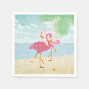 Watercolor Pink Flamingos on the Beach Paper Napkins