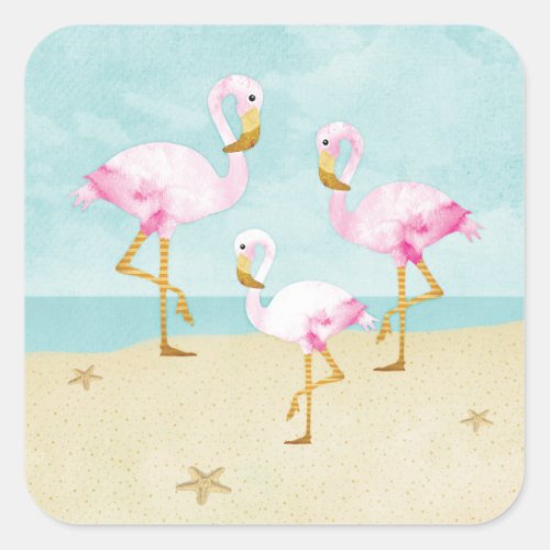 Watercolor Pink Flamingos on the Beach Square Sticker