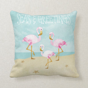 Watercolor Pink Flamingos on the Beach Throw Pillow