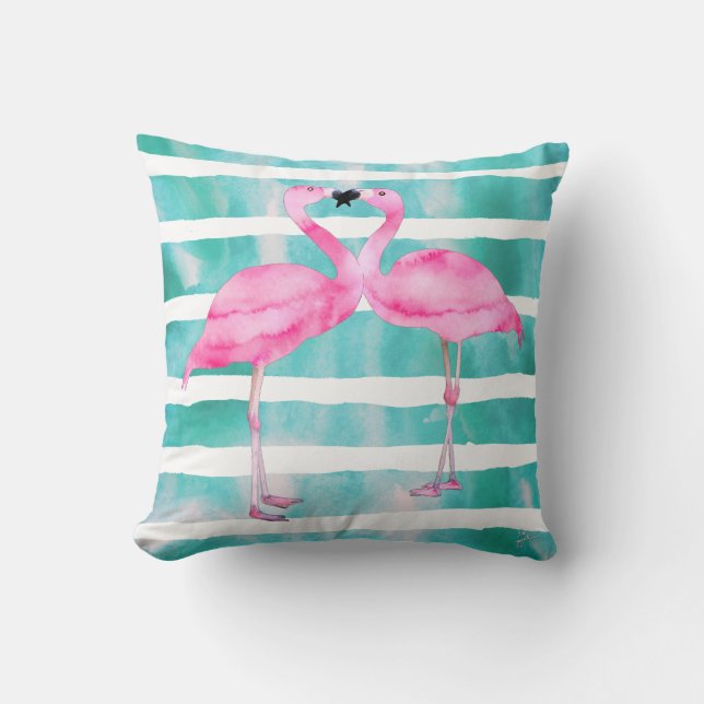 Watercolor Pink Flamingos Turquoise Stripes Throw Pillow (Front)