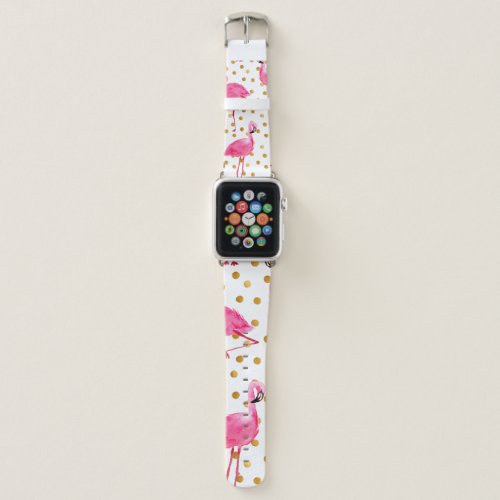 Watercolor pink flamingos with golden dots seamles apple watch band