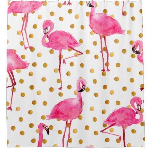 Watercolor pink flamingos with golden dots seamles shower curtain