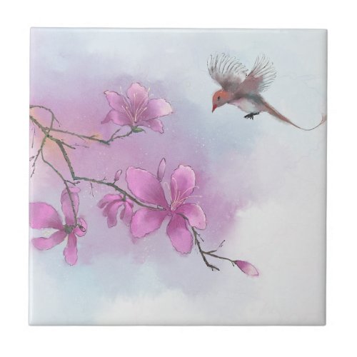 Watercolor Pink Flora  Fauna Art Garden Scenes Ceramic Tile