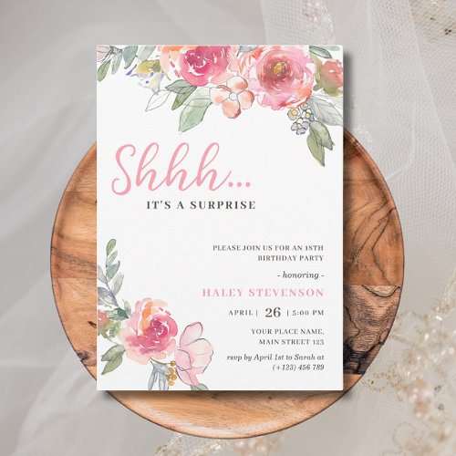 Watercolor Pink Floral 18th Boho Chic Birthday Invitation
