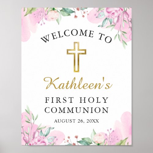 Watercolor Pink Floral 1st Holy Communion Welcome Poster