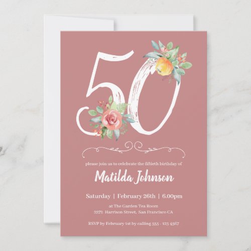 Watercolor Pink Floral 50th Birthday Party Invitation