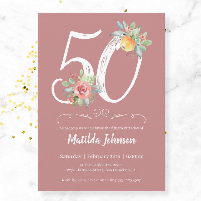 Watercolor Pink Floral 50th Birthday Party Invitation (Mockup View)