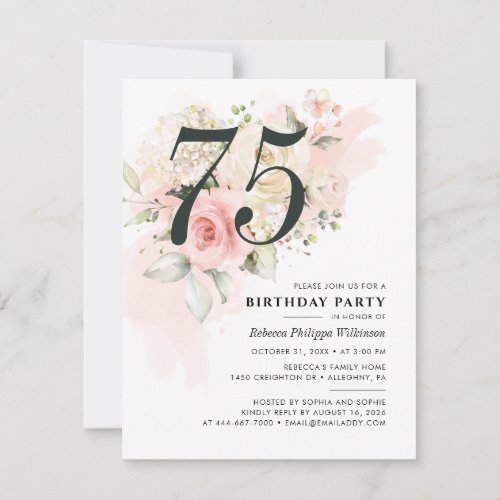 Watercolor Pink Floral 75th Birthday Party Invitation