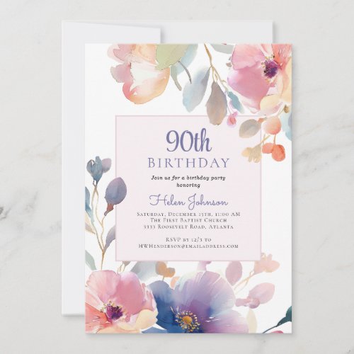 Watercolor Pink Floral 90th Birthday Party Invitation