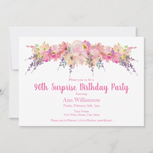 Watercolor Pink Floral 90th Surprise Birthday Invitation