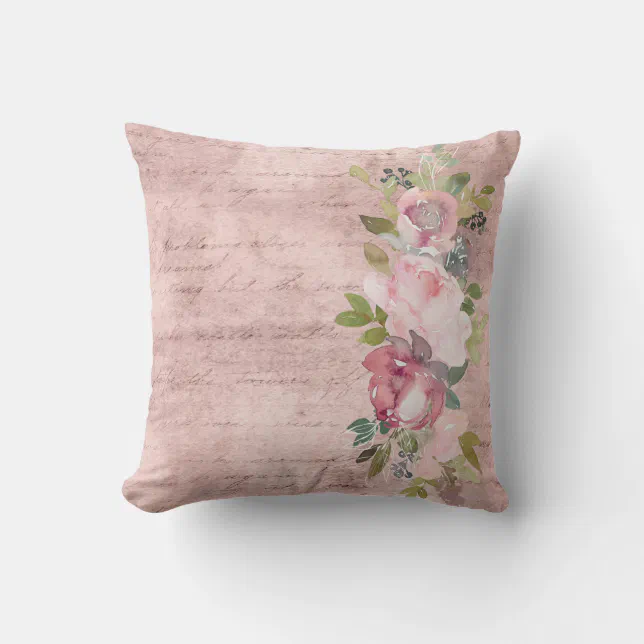 Watercolor Pink Floral Accent on Dusty Rose Script Throw Pillow | Zazzle