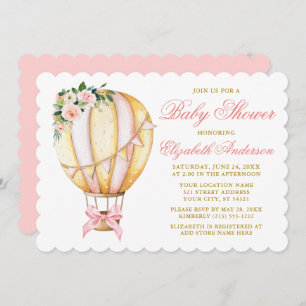 Watercolor Pink Floral Air Balloon Bow Baby Shower Invitation