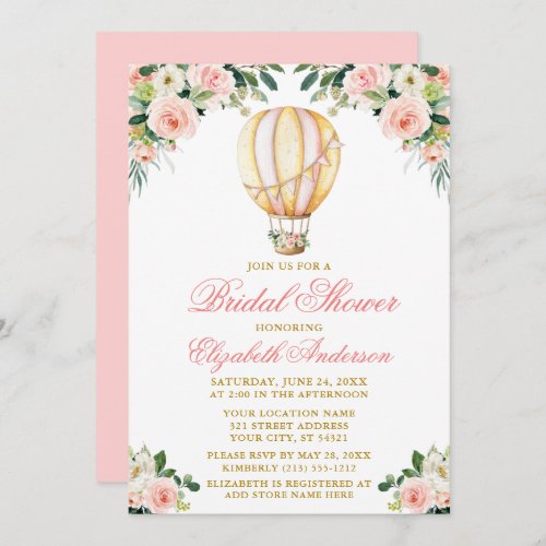 Watercolor Pink Floral Air Balloon Bridal Shower Invitation