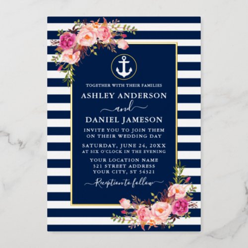 Watercolor Pink Floral Anchor Blue Stripes Gold Foil Invitation